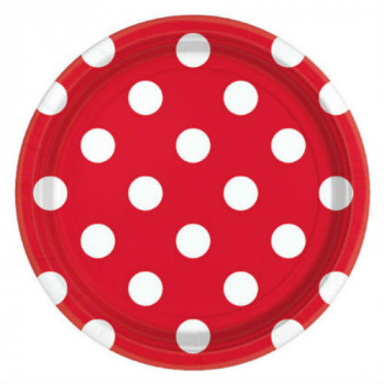 RED LUNCHEON PLATE WITH WHITE DOTS 9"